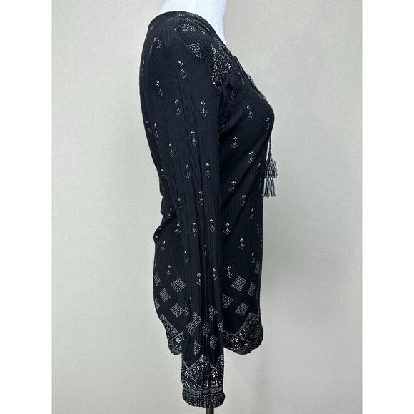 Lucky Brand Top Womens S Black Geometric Tie V-Neck Viscose Boho Peasant Blouse - Picture 3 of 16